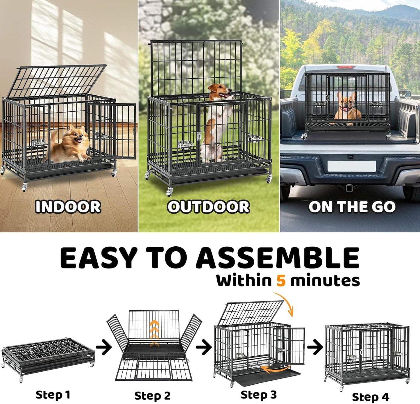 Homey Pet Two Levels 37 Inch Dog Crate, Escape Proof Dog Cage Kennel Indoor with Top Access and Lockable Wheels, Removable Tray, Heavy Duty Dog Crates for Medium/Small Dogs