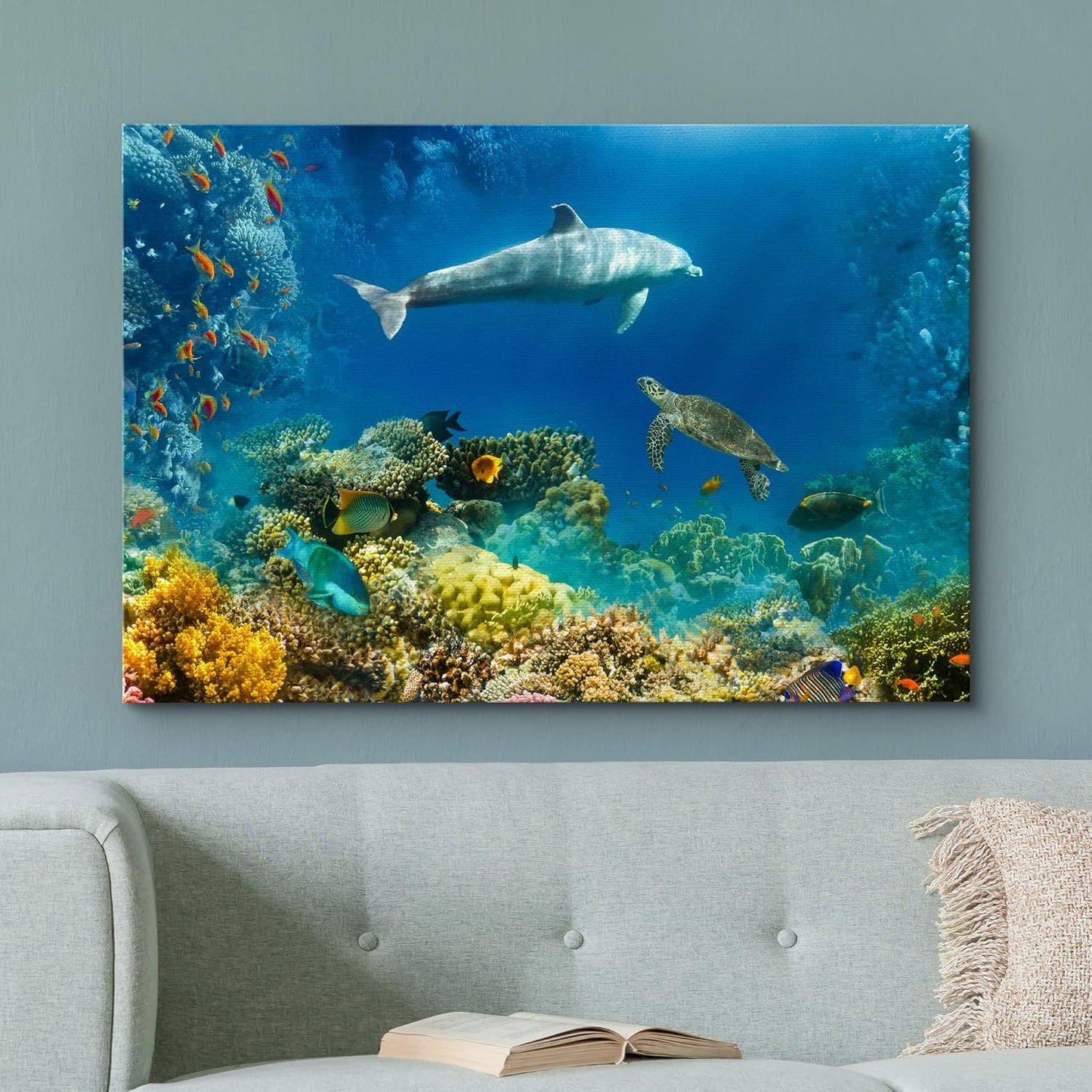 wall26 Canvas Print Wall Art Tropical Ocean Underwater Dolphin Coral Reef Nature Animals Photography Realism Rustic Scenic Landscape Wilderness Colorful for Living Room, Bedroom, Office - 12"x18"