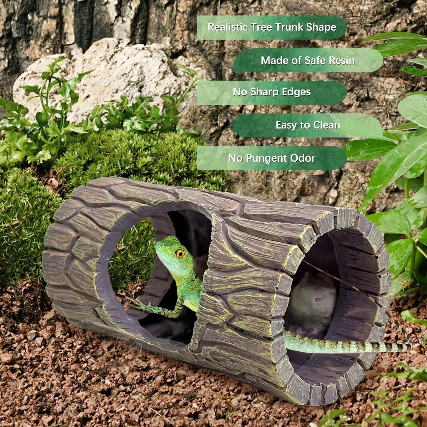 Hamiledyi Reptile Hide Cave Resin Hollow Log Hideout with 2pcs Powerful Suction Cup, Plastic Plant Leaves Ornament Snake Hide Hermit Crab Climbing Toys for Gecko Lizard Hermit Crabs Frogs