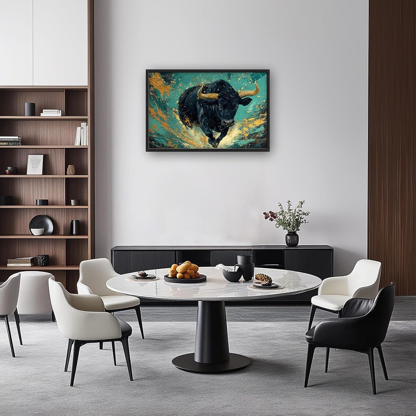 Large Bison Buffalo Wall Art for Living Room, Framed Oversized Bull Wall Decor, Abstract Teal and Golden Canvas Painting Modern Artwork for Living Room Bedroom Office Dining Room 36"x24"