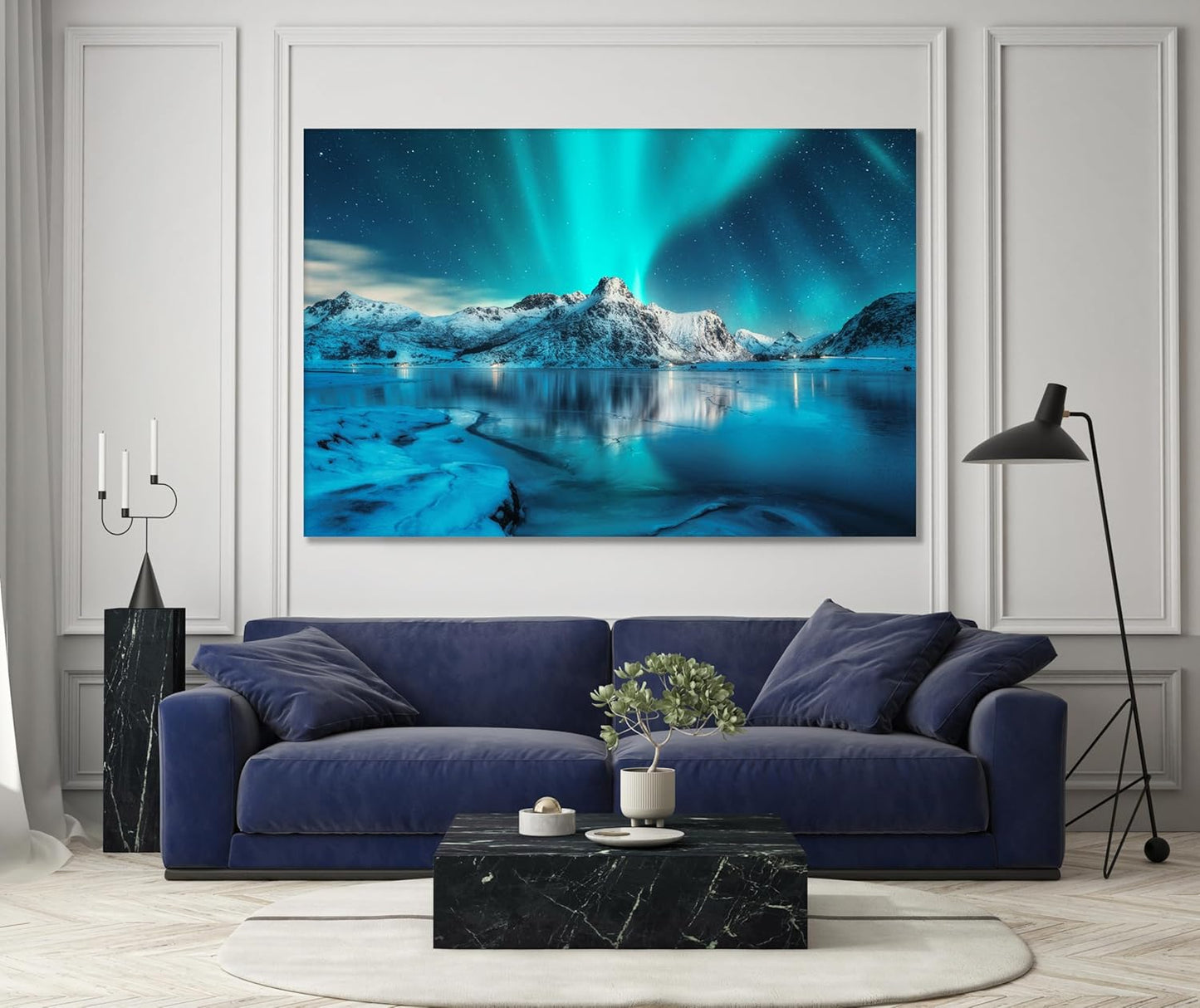 Nature Wall Art Prints - Ocean Forest Mountain Lake Canvas Landscapes - Small to Extra Large Living Room Bedroom Kitchen Bathroom Décor (Northern Lights Over Lake, 35L" x 53W")