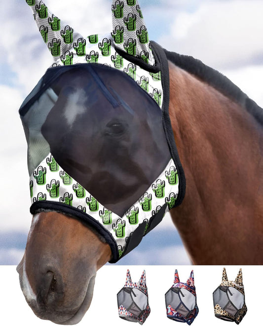 Harrison Howard LumiVista Horse Fly Mask Standard with Ears UV Protection for Horse Green Cactus XL Extra Full