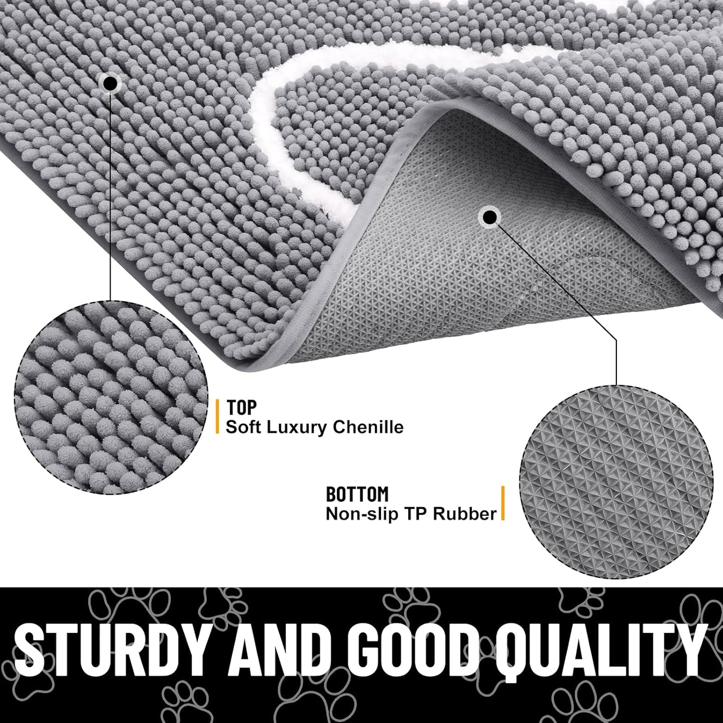 Smiry Dog Door Mat for Muddy Paws, Absorbent Dirt Trapper Non Slip Quick Dry Washable Chenille Mat for Mud Dogs, Entry Rug for Indoor and Outdoor (48x30 Inches, Grey and White)