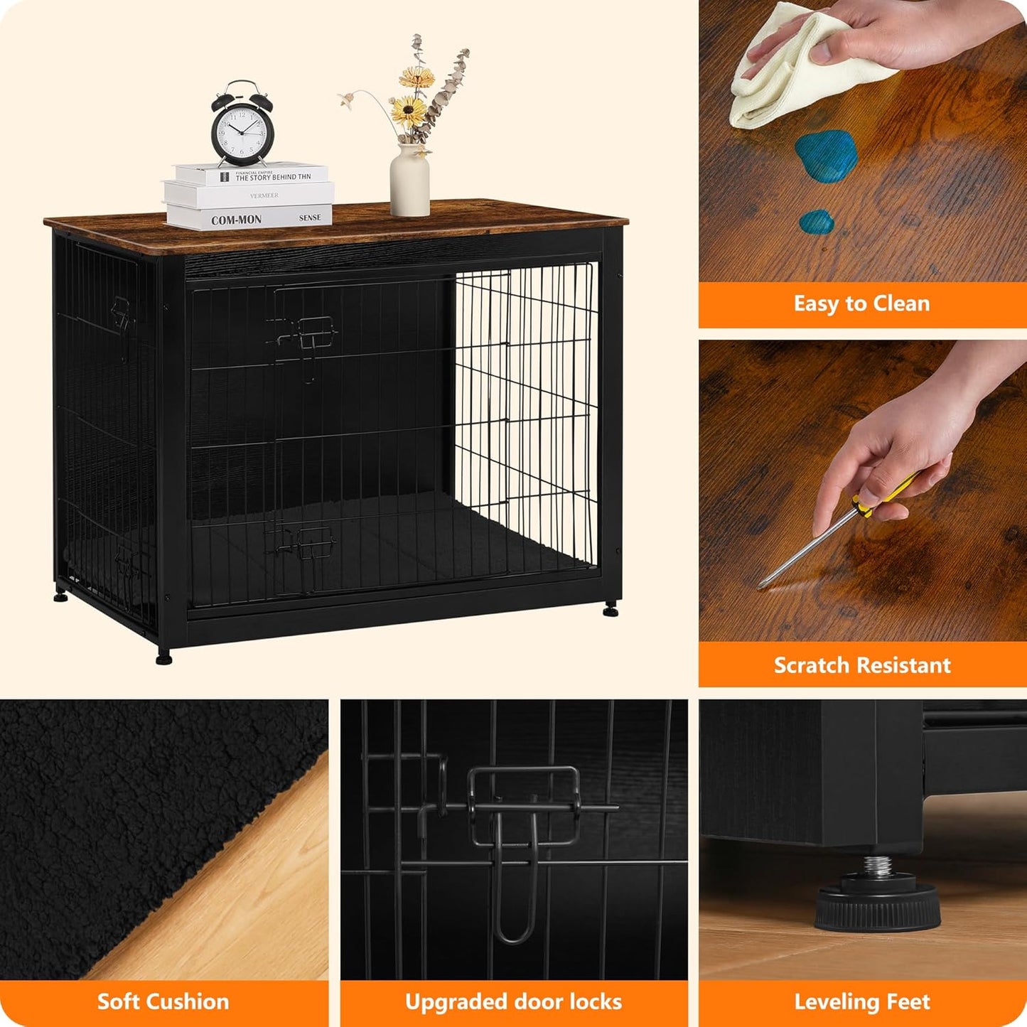 DWANTON Dog Crate Furniture with Cushion, Wooden Kennel Table with Double Doors, Indoor Dog House, Extra Large Size, 43.3" L, Black+Rustic Brown