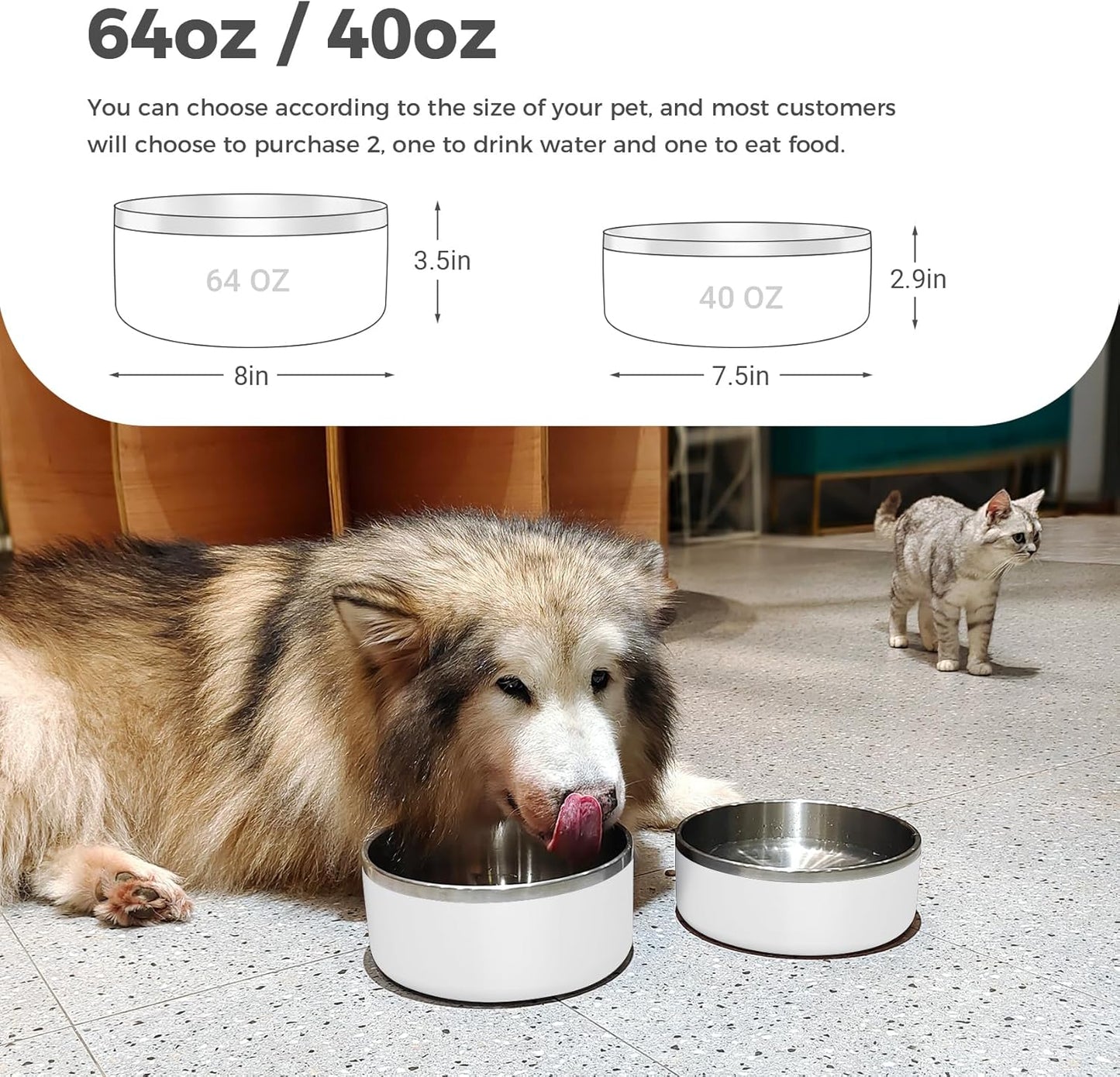 Dog Bowl, Stainless Steel Dog Food and Water Bowl with Non Slip Quiet Bottom, Easy to Clean, Dishwasher Safe, 64oz, White