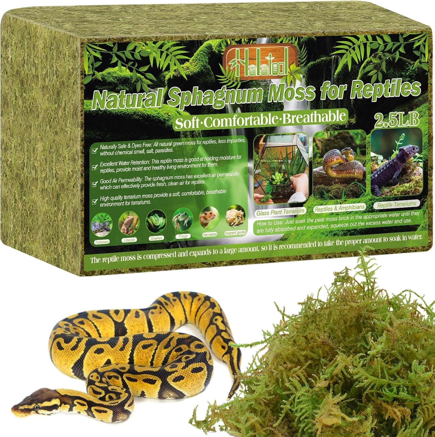 Halatool 2.5LB Natural Sphagnum Moss for Reptiles- 60QT Green Live Moss for Terrarium Plants Long Fiber Reptile Moss for Leopard Gecko Snake Hamsters Tortoises Frogs Lizards Salamanders