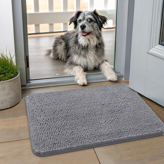 Smiry Dog Door Mat for Muddy Paws 24x16, Absorbs Moisture and Dirt Doormat, Non-Slip Washable Quick Dry Chenille Front Door Mat Indoor Entrance, Entryway Carpet for Inside Floor, Grey