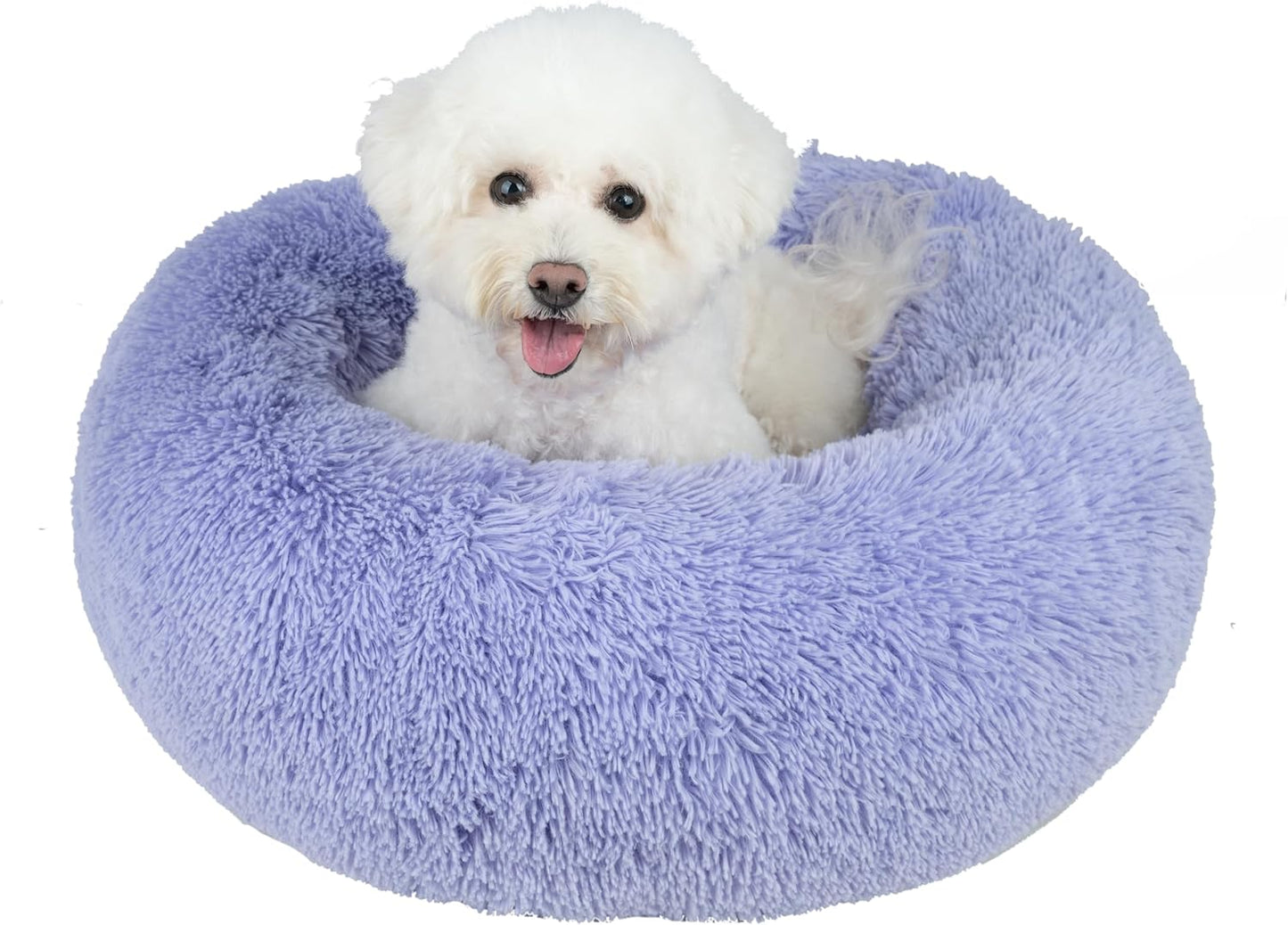 Best Pet Supplies Round Donut Dog Bed with Plush Faux Fur Fabric, Calming, Anti-Anxiety Cushion for Indoor Pets, Slip-Resistant Base, Soft Ergonomic Support - Lavender, 20x20x6''