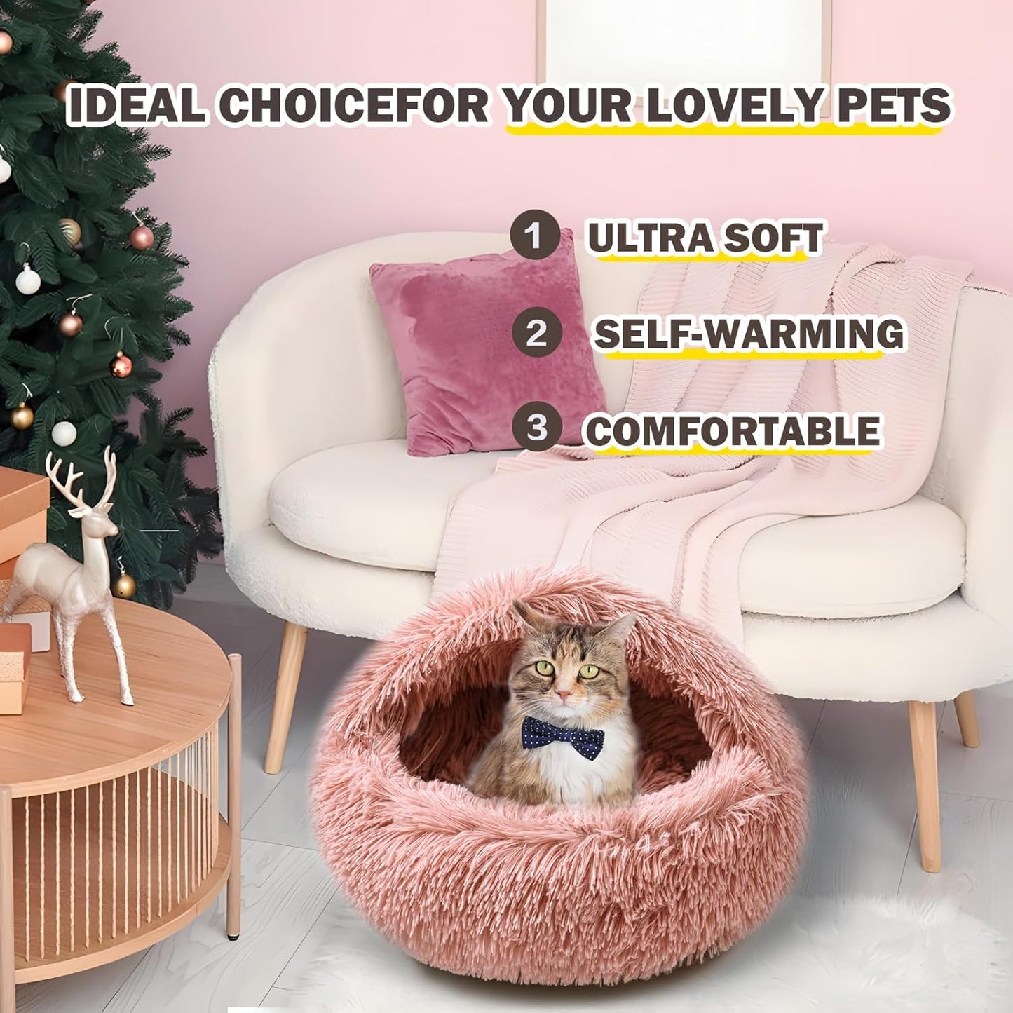 Cat Bed for Indoor Cats, Calming Cozy Cave with Self-Warming Plush, Entire Bed Machine Washable & Anti-Slip Base, Breathable Pet Bed for Small Cats&Dogs All Seasons (Leather Pink, 20 * 20inch)