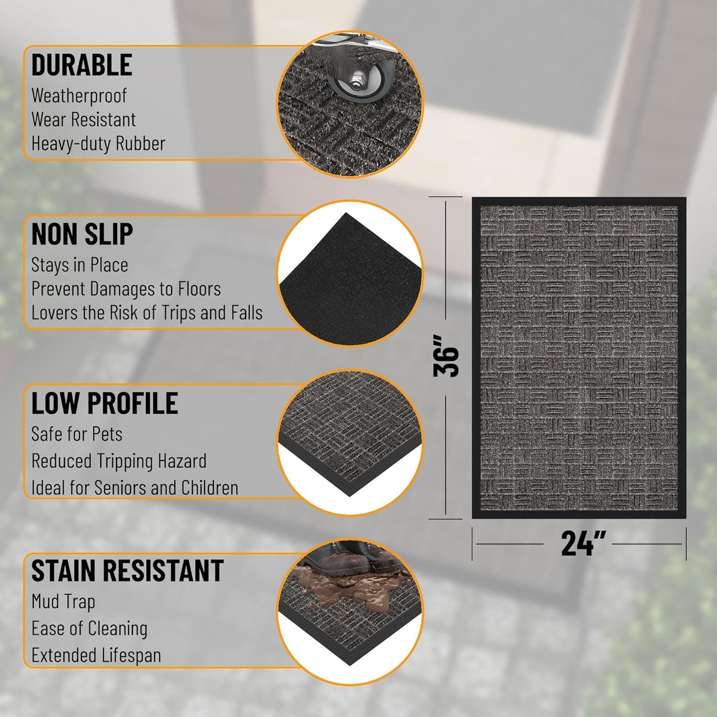 Indoor/Outdoor Hose-Wash Embossed Design Non-Slip Rubber 2x3 Modern Entryway Mat for Entryway, Patio, Backyard, Garage, 24" x 36", Black