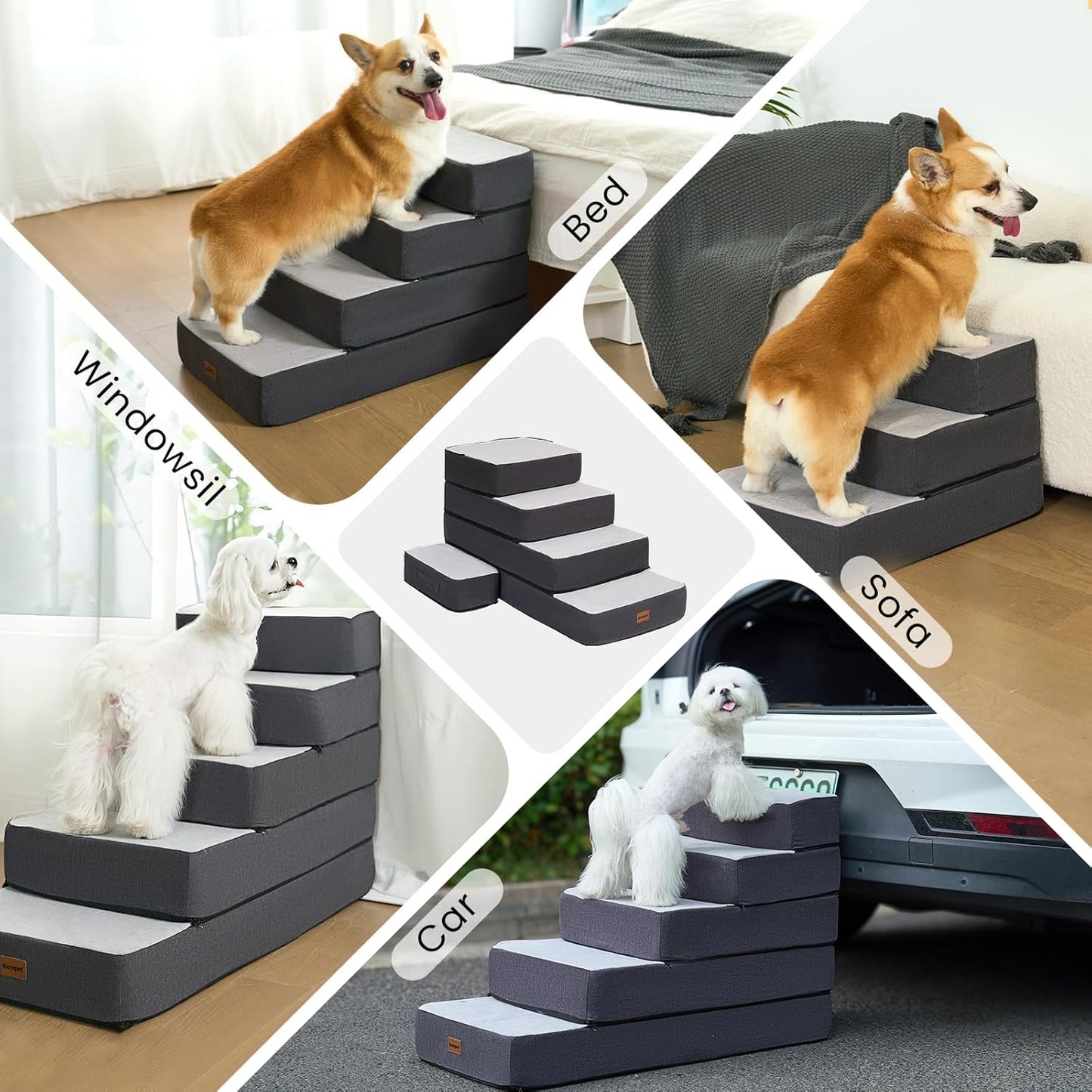 3-Step Adjustable Dog Stairs for Sofa and Couch, Dog Steps for Small Dogs and Cats, Foldable Pet Stairs for Low Bed Climbing, Non-Slip Pet Step Indoor, Grey