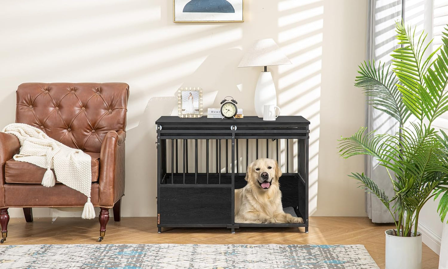 KOOPRO 40 Inch Dog Crate Furniture with Cushion for Small Medium Dogs, Wooden Heavy Duty Dog Kennel with Double Doors, Decorative Pet House Dog Cage Side End Table Indoor, Sliding Door Chew-Resistant