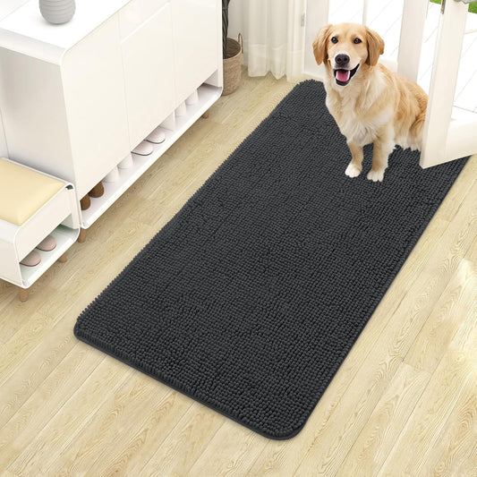 OLANLY Dog Door Mat for Muddy Paws 40x24, Absorbs Moisture and Dirt, Absorbent Non-Slip Washable Doormat, Quick Dry Chenille Mud Mat for Dogs, Entry Indoor Entryway Carpet for Inside Floor, Dark Grey