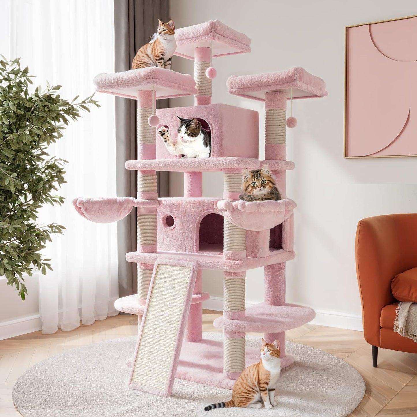 SHA CERLIN 68 Inches Multi-Level Large Cat Tree for Large Kitties/Big Cat Tower with Condo/Cozy Plush ‌Pussycat Perches/Sisal Scratching Posts and Hammocks/Activity Center/Pink