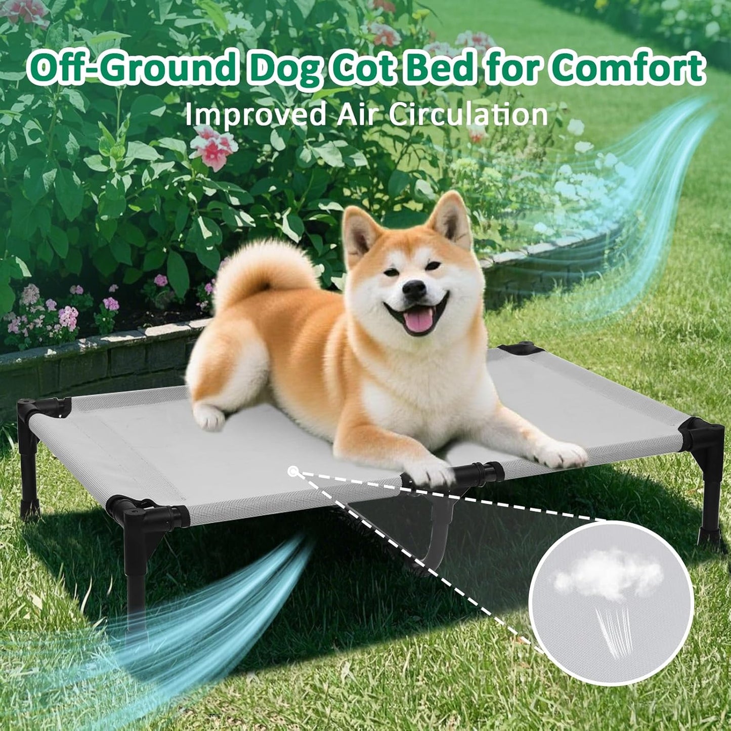 Elevated Dog Cots Beds for Medium Dogs, Raised Dog Camping Bed with Skid-Resistant Feet & Breathable Mesh, Lifted Pet Hammock Bed with Frame, Grey