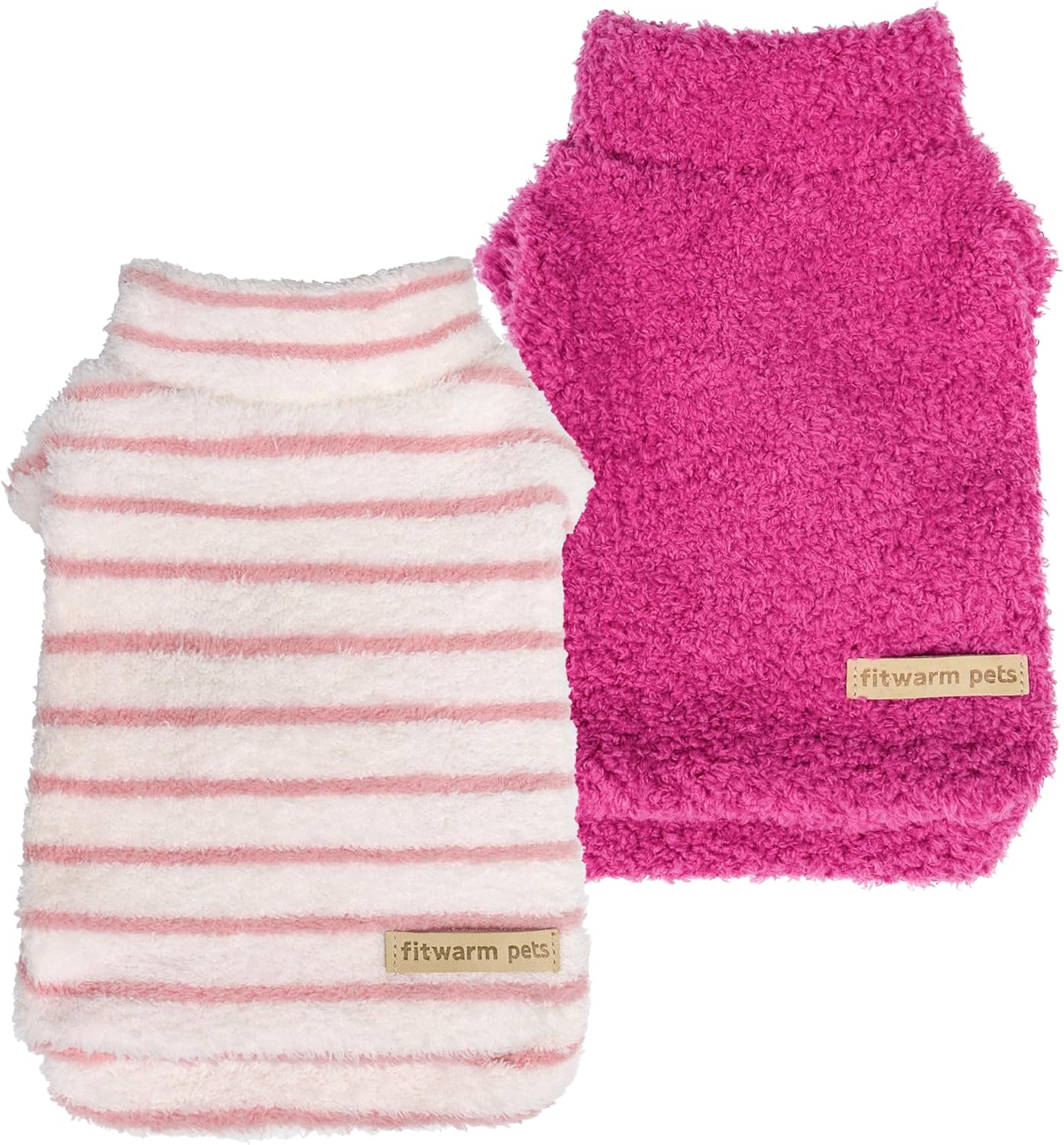 Fitwarm 2 Pack Striped Fleece Dog Sweater, Warm Winter Dog Clothes for Small Dogs Girl, Fuzzy Turtleneck Pet Outfit, Doggy Pullover Jumper, Rose Pink, White, Light Pink, XXL