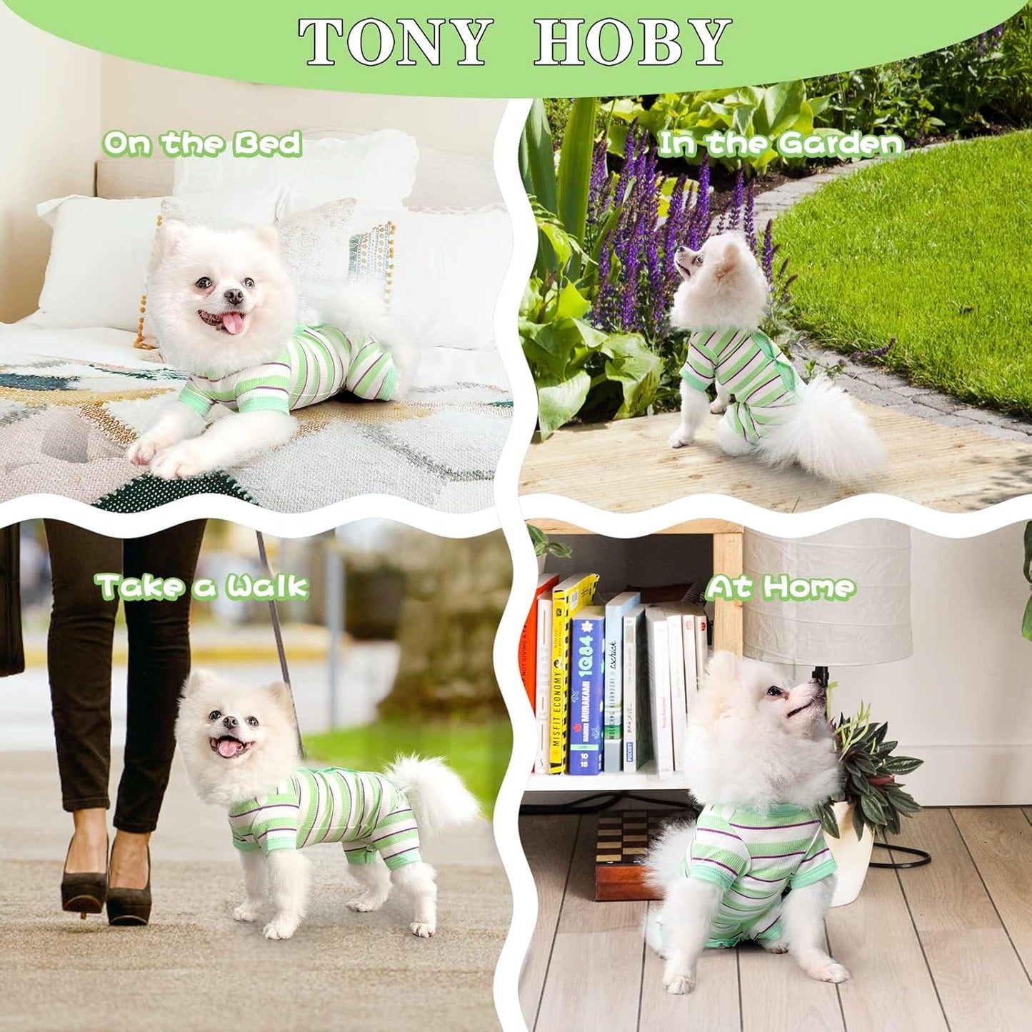 TONY HOBY Dog Pajamas, Male Dog Jumpsuit with Green Stripe, Dogs Clothes for Small Medium Size Dogs (Green&White, Boy, XL)