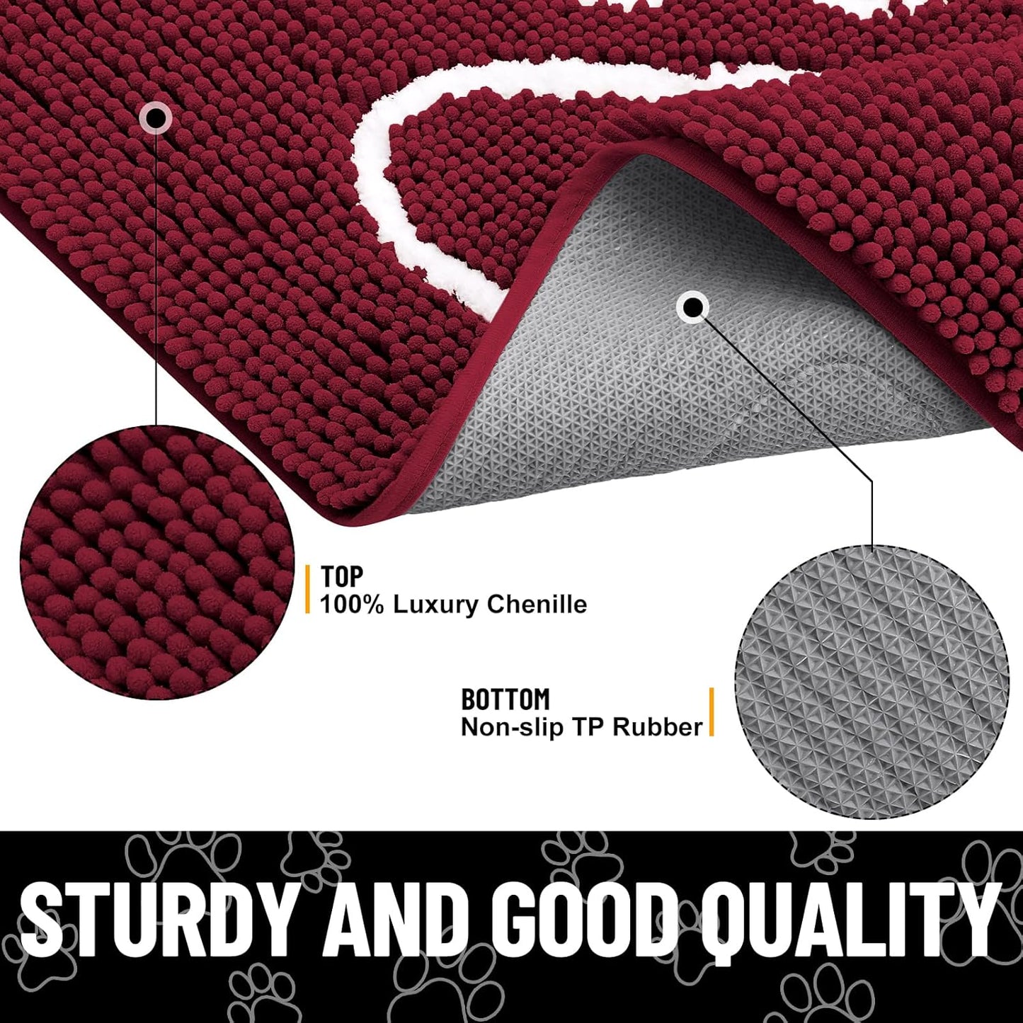 Smiry Dog Door Mat for Muddy Paws, Absorbent Dirt Trapper Non Slip Quick Dry Washable Chenille Mat for Mud Dogs, Entry Rug for Indoor and Outdoor (47x32 Inches, Burgundy)