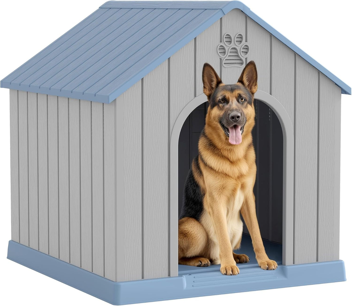 Large Dog House Outdoor Indoor for Medium Large Dogs, Durable Plastic Waterproof Doghouse with Air Vents and Elevated Floor, Easy Clean and Assemble (Blue, 36.2''L×38''W×38''H)