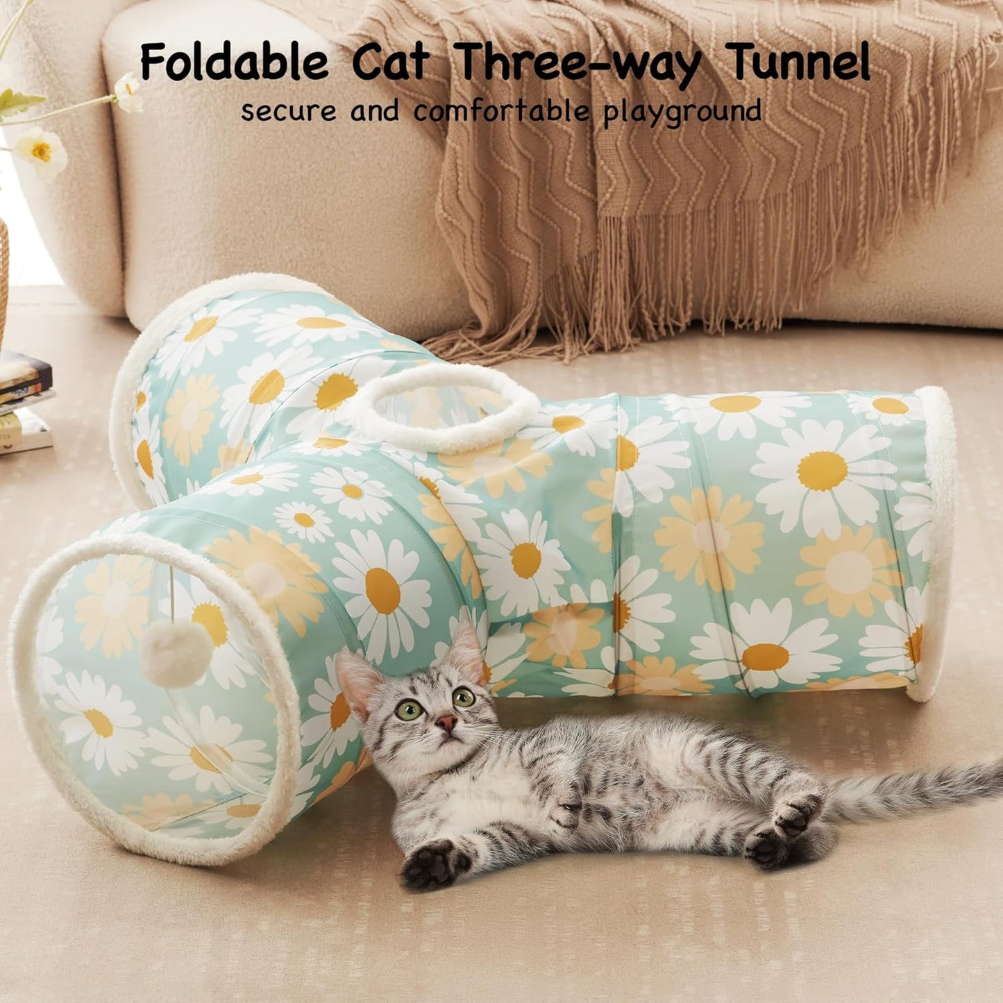 Tempcore Pet Cat Tunnel Tube Cat Toys 3 Way Collapsible, Cat Tunnels for Indoor Cats，Kitty Tunnel Bored Pet Toys Peek Hole Toy Ball Puppy, Kitty, Kitten, Rabbit Daisy Green Printed
