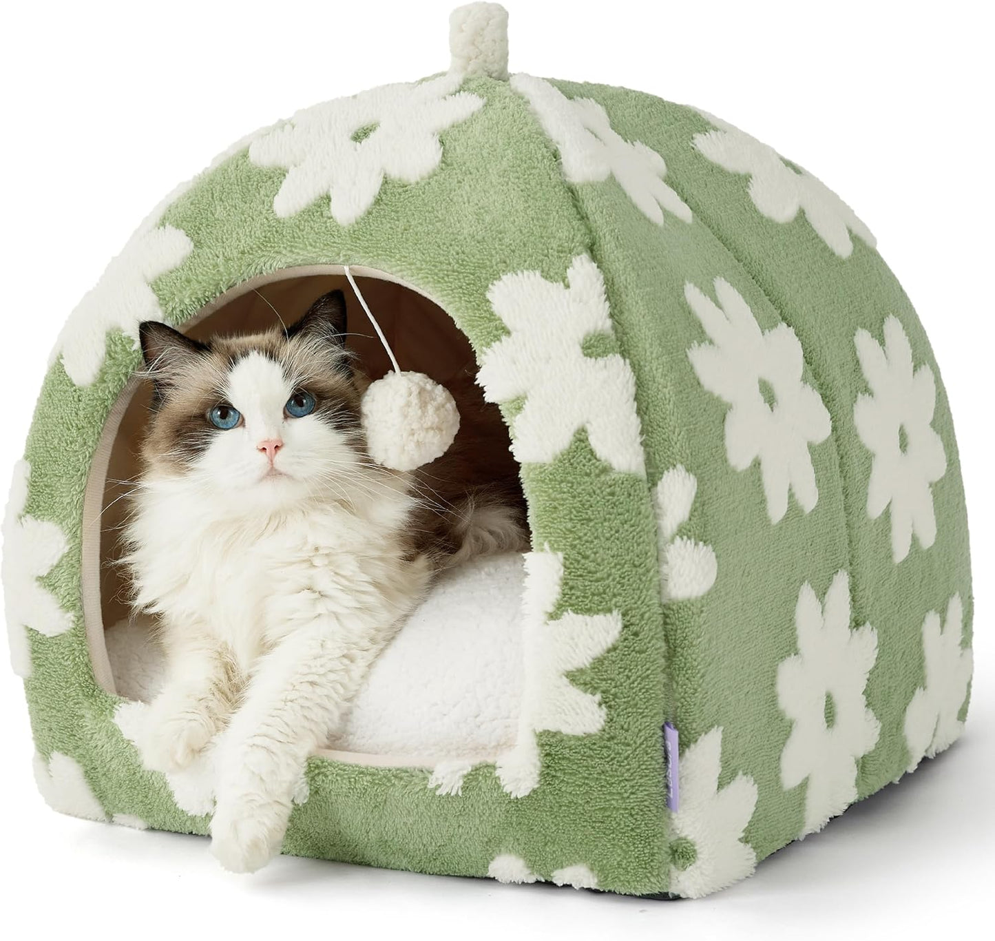 Lesure Cute Cat Beds for Indoor Cats - 2 in 1 Large Cat Cave Bed with Removable Washable Cushioned Pillow, Cozy Kitten Tent with Non-Slip Bottom, Green, 17.3 inches