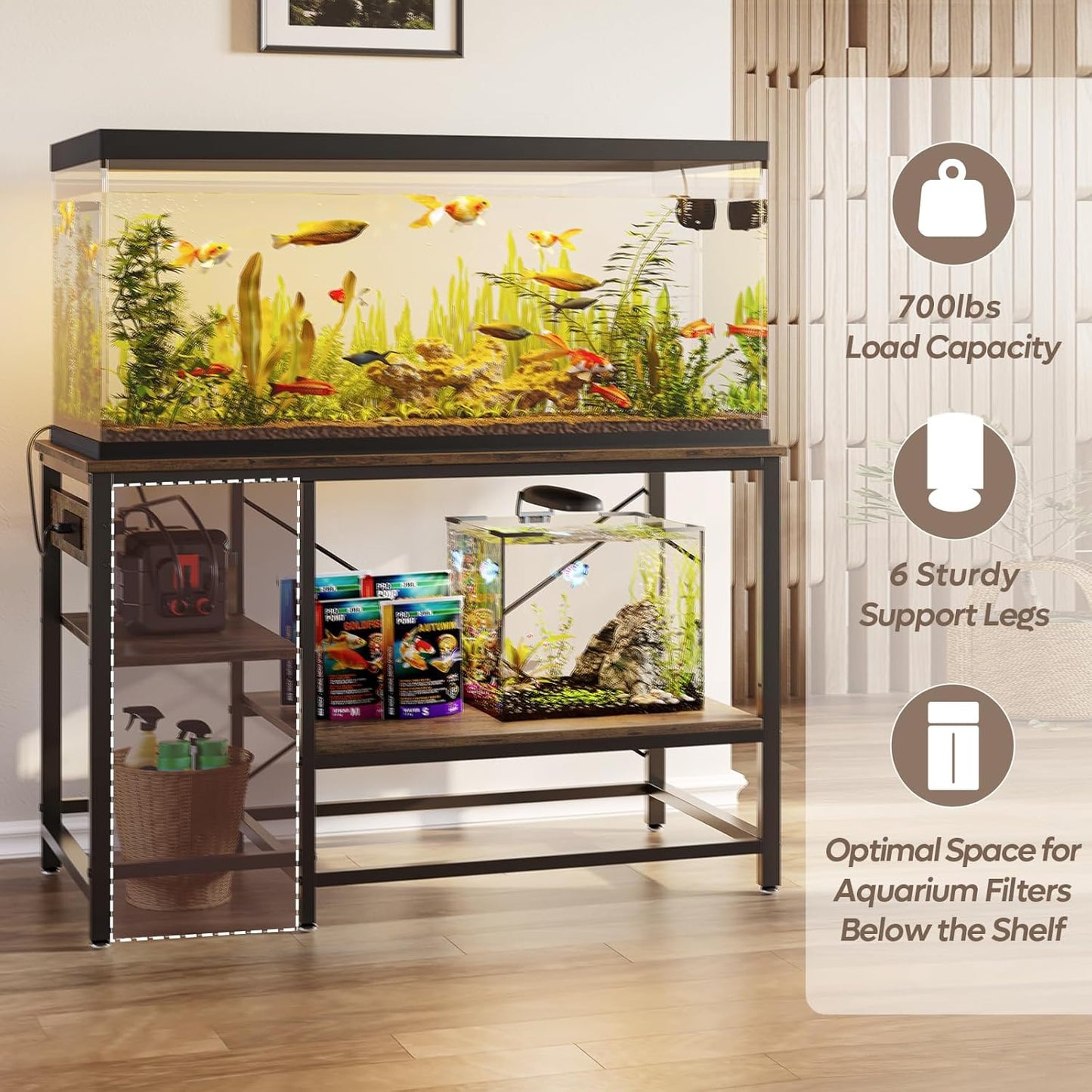 55 Gallon Fish Tank Stand with Charging Station, 49.2x13.8 Metal Aquarium Stand with 3-Tiers Adjustable Storage Shelves, 6-Legs Reptile Terrarium Stand, 700 LBs