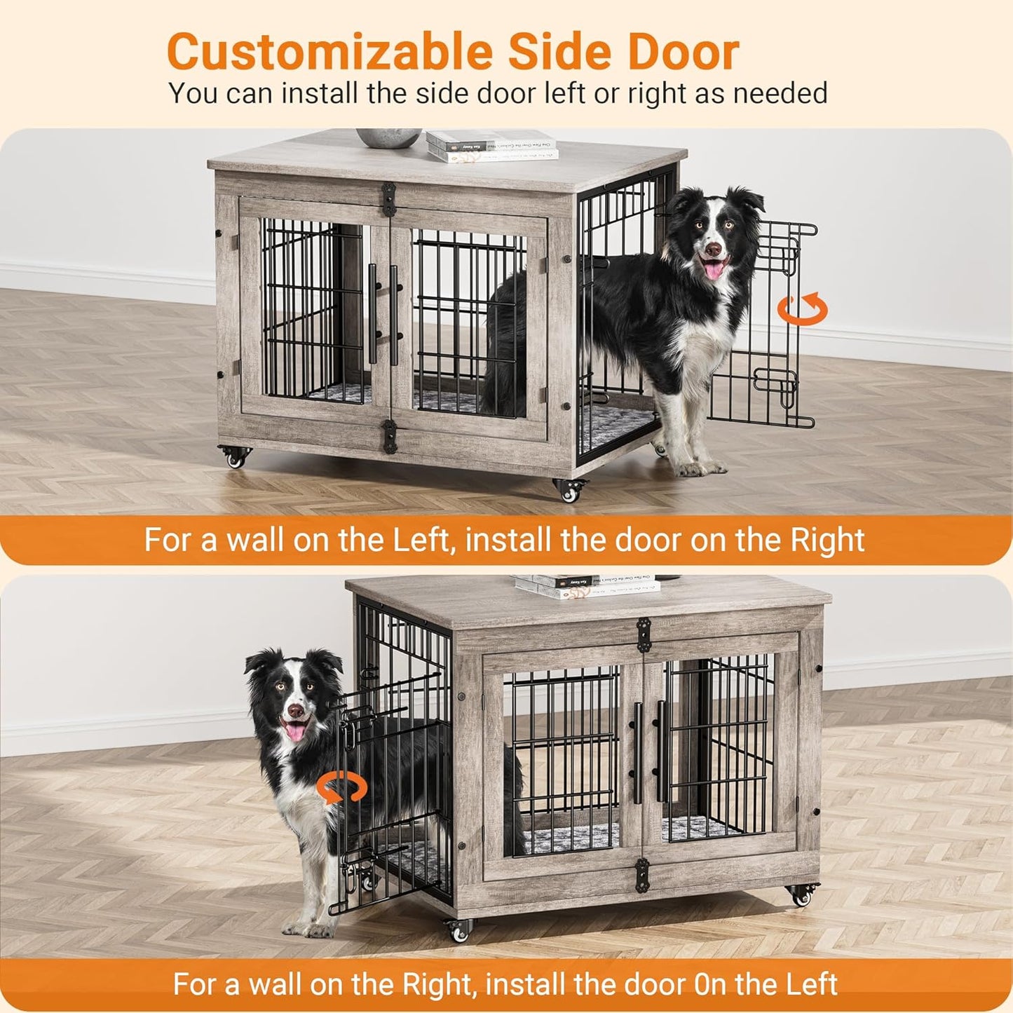 Lulive Dog Crate Furniture Set of 2, Dog Kennel Indoor Double Doors Wooden Dog Cage, 32'' Heavy Duty Dog Crate with Cushion & Wheels, End Table Pet House Chew-Resistant Up to 45 lb, Grey