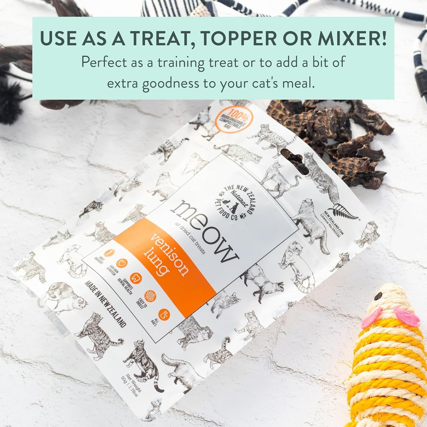 Meow Air Dried Cat Treats - Venison Lung, High Protein, Healthy Cat Snacks and Toppers, All Natural for All Life Stages, 1.76 oz