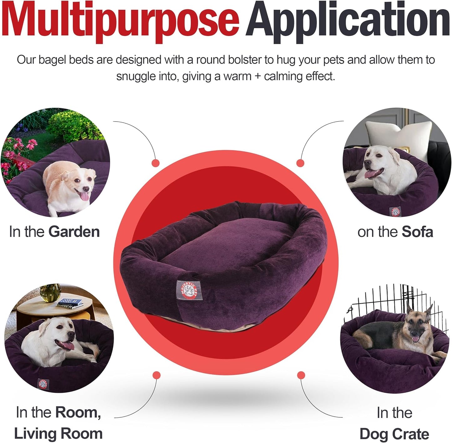 Majestic Pet 24 Inch Micro Velvet Calming Dog Bed Washable 24x19x7 (Inch) – Cozy Soft Round Donut Dog Bed with Spine for Head Support - Pet Bed Small – Aubergine