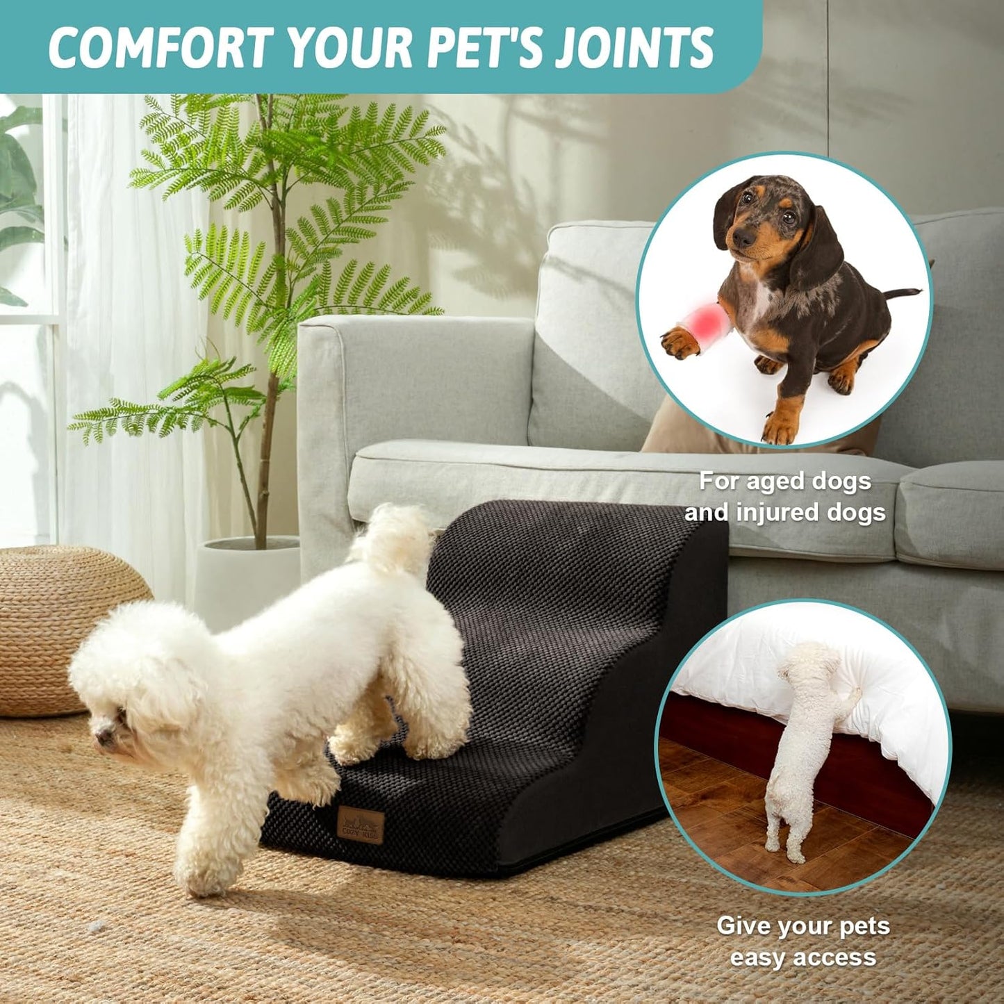 Dog Stairs for Small Dogs 15.7" H, Curved Dog Step for Puppy, Older Cat, Medium Pet Ramp for Sofa, Couch or Bed, Ladder with High Density Foam, 15.7x22.4x15.7 inch, 3 Step, Black