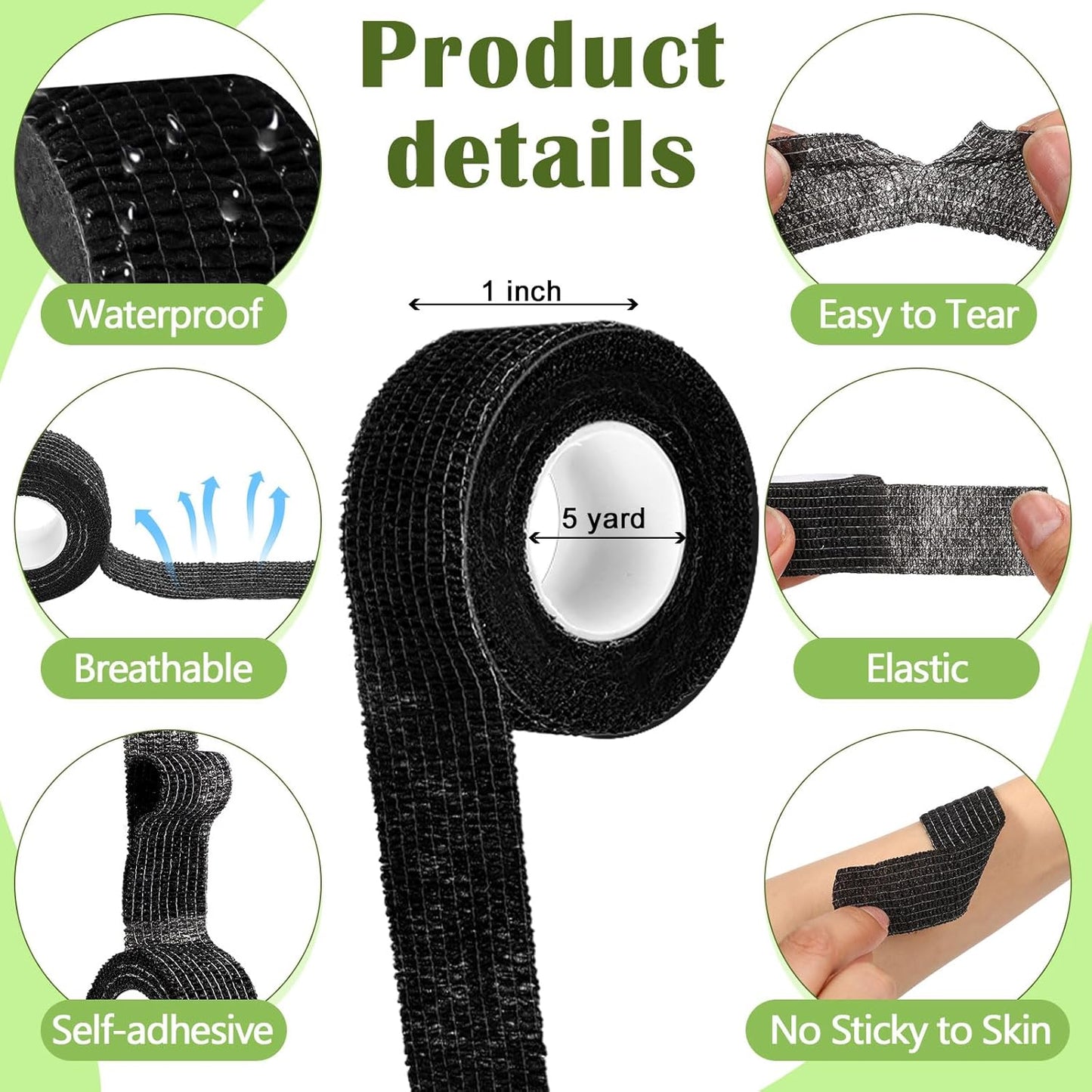 Treela 36 Pcs Self Adherent Bandage 1" X 5 Yard Wrap Breathable Cohesive Bandage Elastic Adhesive Tape for Stretch Athletic Sports Wrist Ankle(Black)