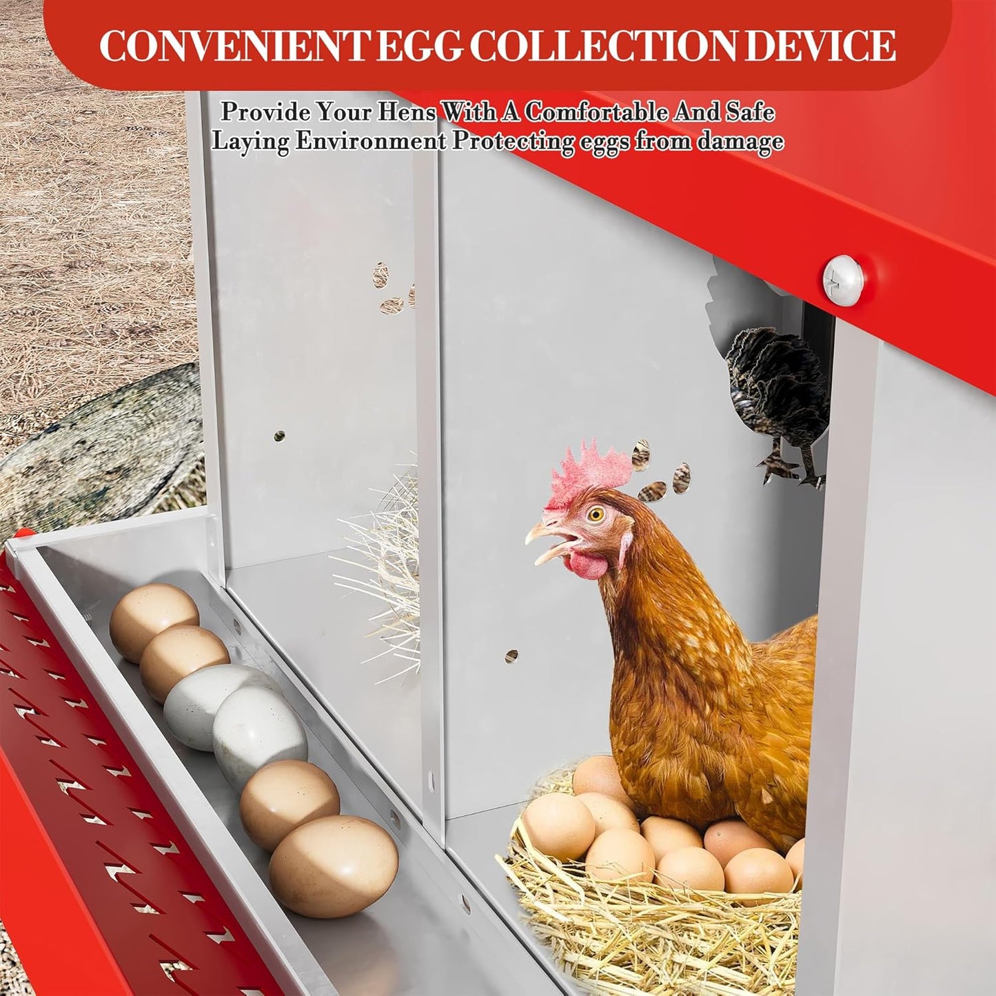 8 Hole Chicken Nesting Box with Roll Out Egg Tray, Rustproof & Ventilated Chicken Laying Boxes for Hens, Chickens, Ducks | Easy-Clean Poultry Coop Accessories, Red with Stand