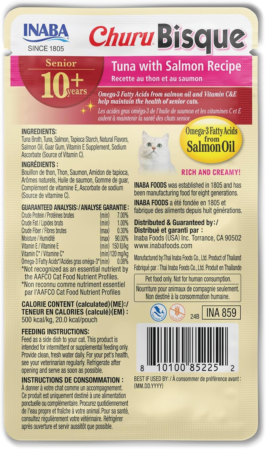 INABA Churu Bisque for Cats Senior 10+, Creamy Purée Side Dish Pouch, 1.4 Ounces per Pouch, 12 Pouches Total, Tuna with Salmon Recipe