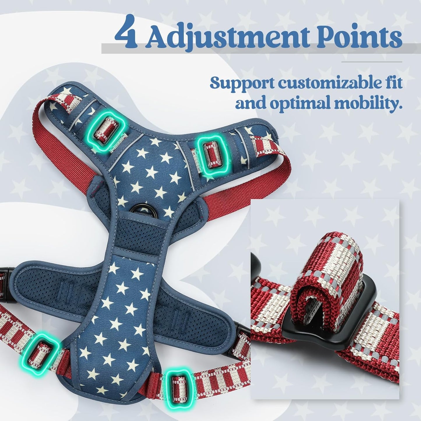 rabbitgoo Dog Harness No Pull with 2 Leash Clips, Adjustable Soft Padded, Reflective Oxford No Choke Pet Vest with Easy Control Handle for Large Dogs, Blue Star, L