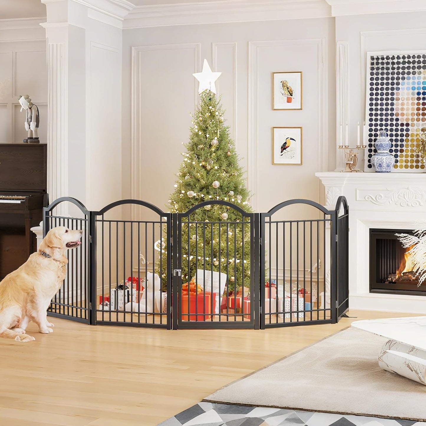 BHG Metal No-Assembly Freestanding Dog Gate with Door Walk Through, Extra Wide 144", Extra Tall 32" Pet Gate, Accordion Puppy Folding Playpen Dog Fence, with 2PCS Support (Black, 6 panesl)