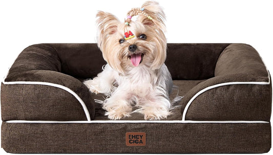 EHEYCIGA Orthopedic Dog Bed for Small Dogs, Waterproof Memory Foam Small Dog Beds with Sides, Non-Slip Bottom and Egg-Crate Foam Medium Pet Couch Bed with Washable Removable Cover, Brown