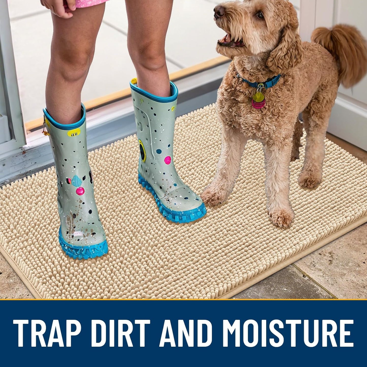 Smiry Dog Door Mat for Muddy Paws 30x20, Absorbs Moisture and Dirt Doormat, Non-Slip Washable Quick Dry Chenille Front Door Mat Indoor Entrance, Entryway Carpet for Inside Floor, Beige