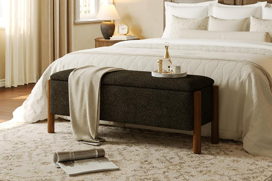 Modern Storage Benches with Walnut Wood Legs, 47'' Ottoman Bench with 20 Gallons Storage Space for Bedroom End of Bed, Fabric Upholstered Entryway Bench with Seating for Livingroom, Gray