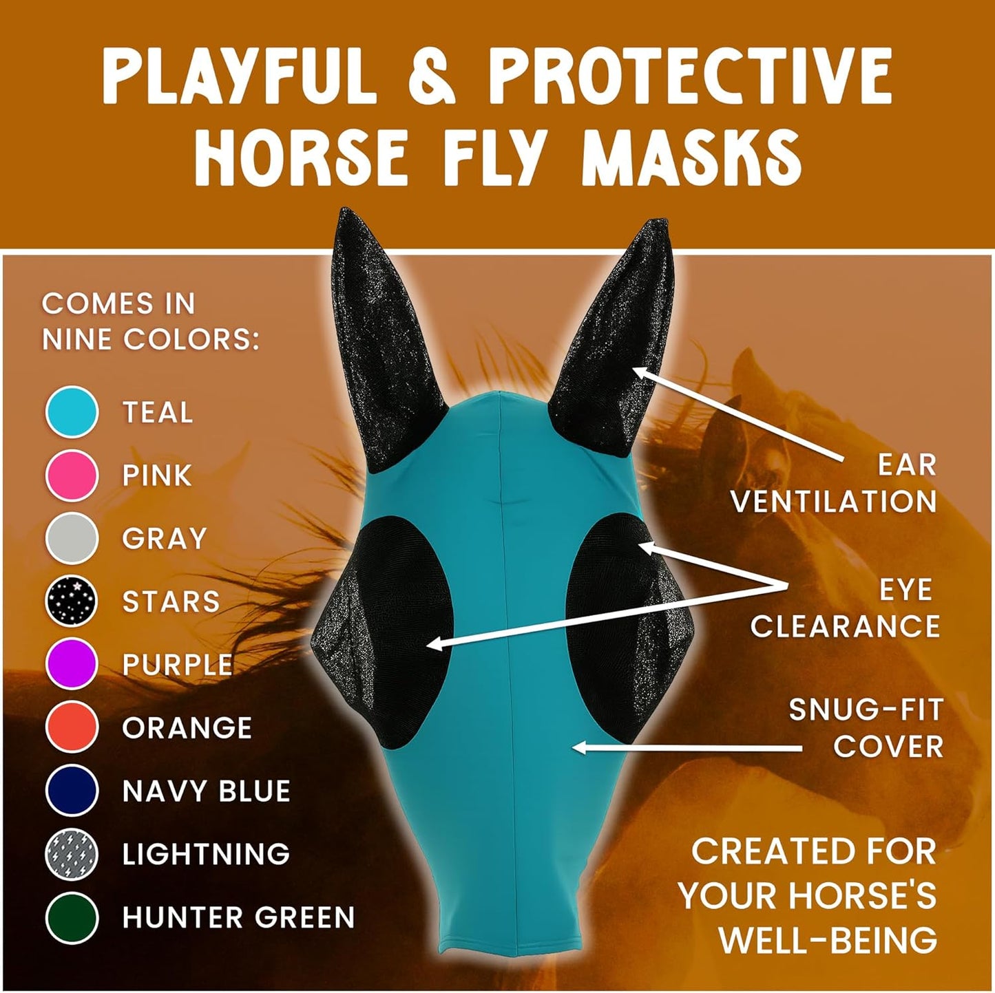 Horse Fly Mask - Arab Equine Fly Mask with Full Coverage for Eye & Ear - Stretchable UV & Sun Protection Flymask for Horses, Ponies & Mini Horses - Horse Face Cover for Pasture & Trail - Purple