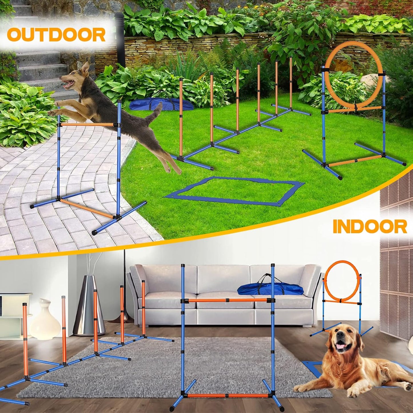 Dog Agility Equipment Set, Obstacle Courses Training Starter Kit Includes Adjustable High Jump Hurdle, Hoop, Weave Poles, Pause Box, Treat Pouch with Easy Carry Bag
