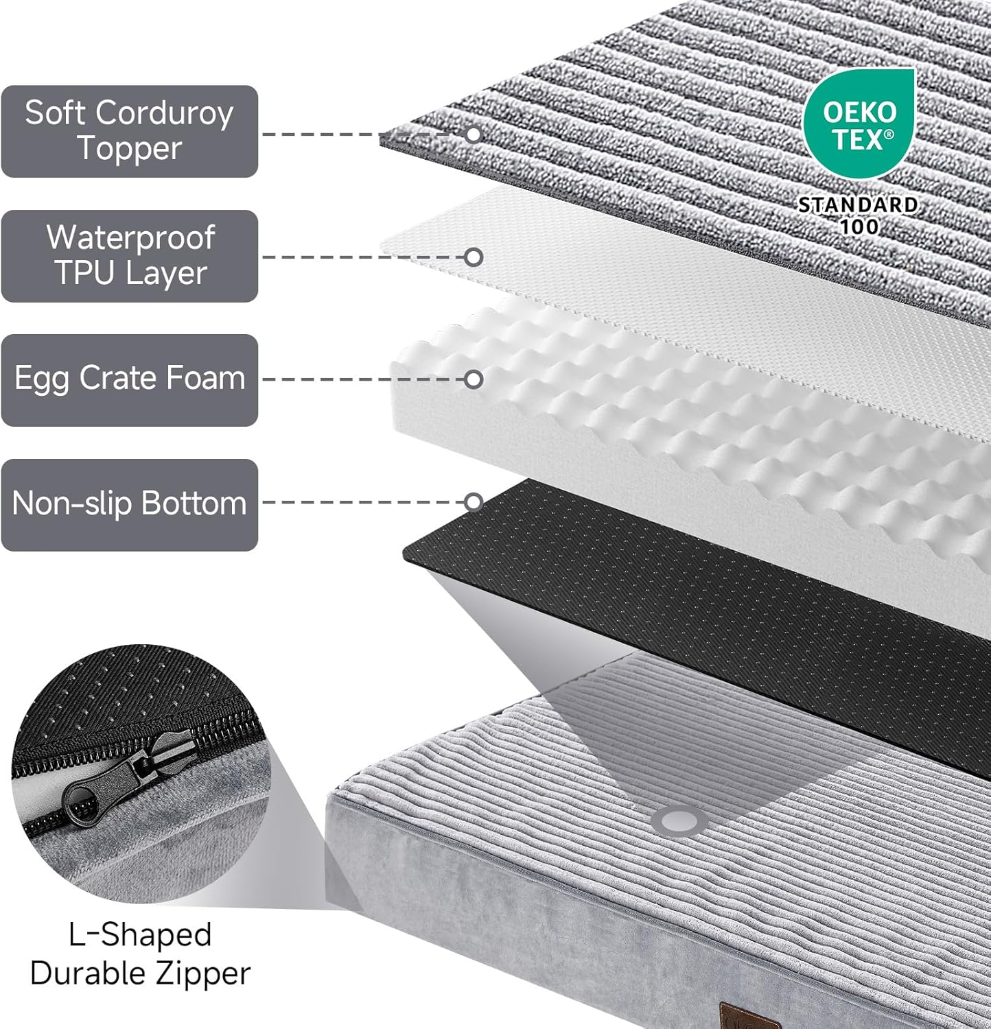 OhGeni Orthopedic Waterproof & Machine Washable Dog Bed for Extra Large Pets, Wider & Larger Size, Cat Mat with 25D Egg Crate Foam, Removable Cover & Invisible Zipper, 54 Inches(Gray)