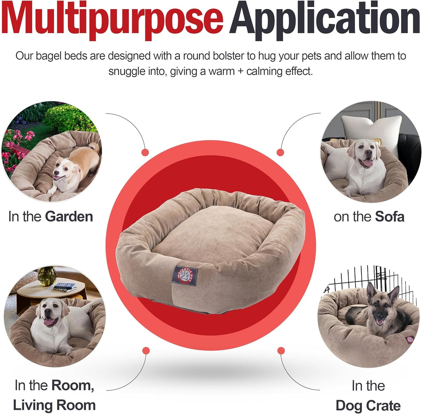 Majestic Pet 40 Inch Micro Velvet Calming Dog Bed Washable – Cozy Soft Round Dog Bed with Spine for Head Support - Fluffy Donut Dog Bed 40x29x9 (inch) – Round Pet Bed Large – Pearl