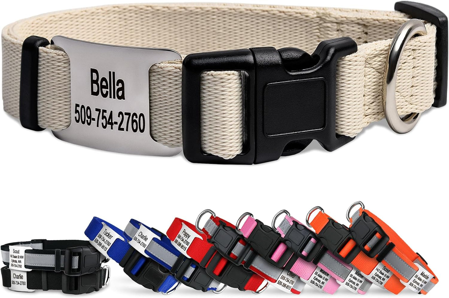 GoTags Personalized Dog Collar with Nameplate, Adjustable Dog Collar with Custom Engraved Slide On Pet ID Tag in Stainless Steel, Silent, No Noise Dog Tag (Beige, Large)