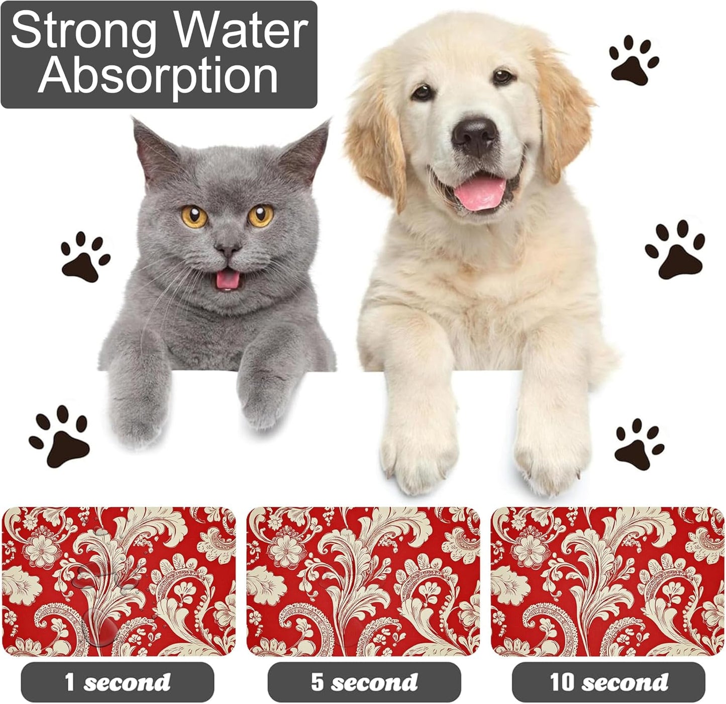 Red White Paisley Dog Food Mat-Absorbent Pet Feeding Mat for Food and Water Bowl, Quick Dry Dog Placemat with Rubber Backing-No Stains Pet Supplies for Messy Drinkers 16"x24"