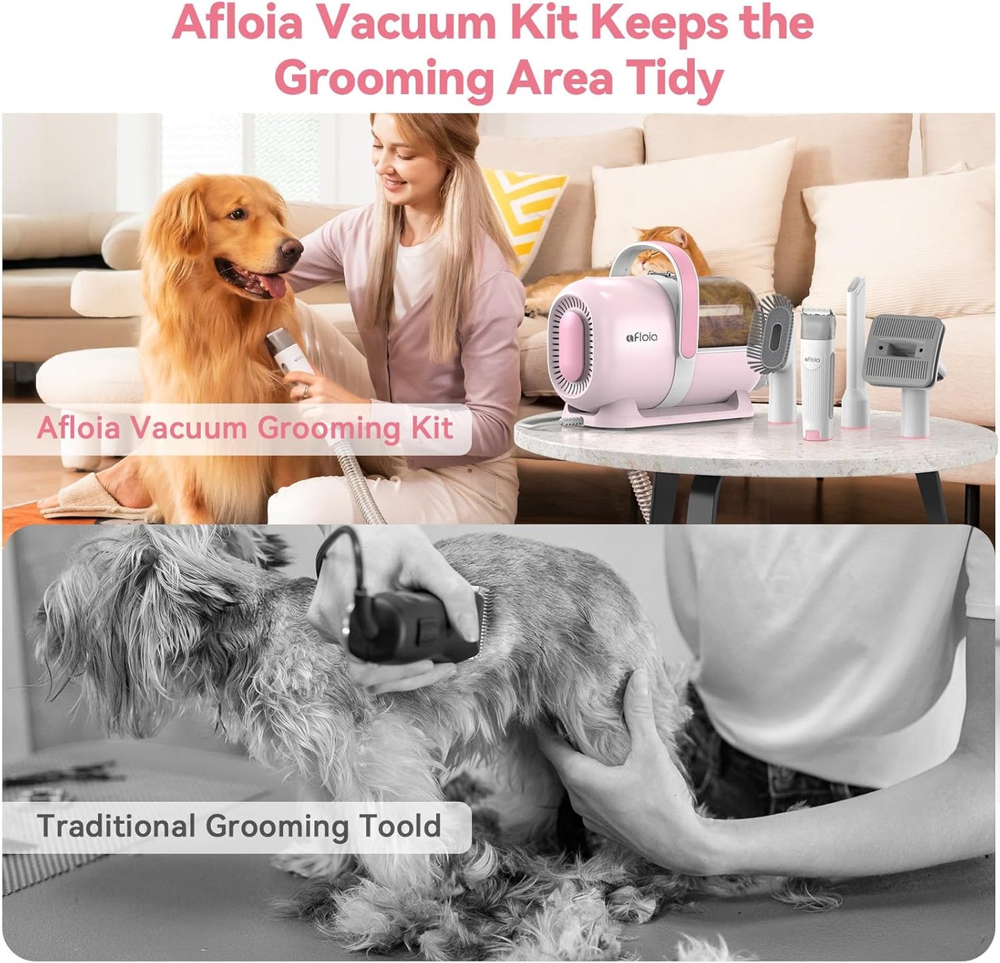 Afloia 6-in-1 Dog Grooming Kit, Pet Grooming Vacuum for Shedding, Dog Hair Vacuum with Clipper Nail Trimmer Grinder, Pet Brush Groomer at Home, Low Noise Cats Hair Remover, 1.5L Dust Cup, Pink