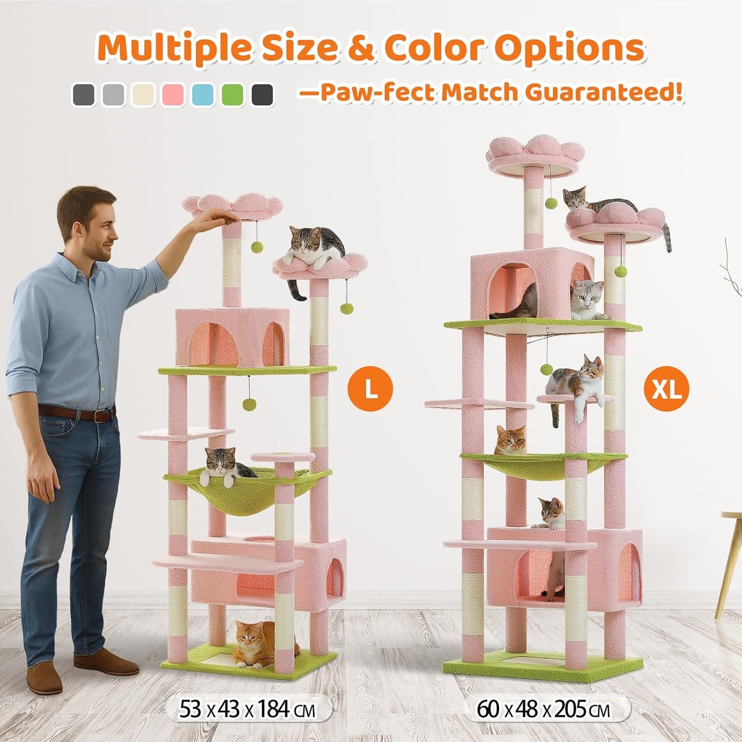 PAWZ Road Flower Cat Tree for Large Cats, 81 Inches Pink Tall Cat Tower with 2 Perches, 2 Condos and Spacious Hammock, XL Extra Large Condo with 7 Scratching Posts for 20lb+ Adult Cats