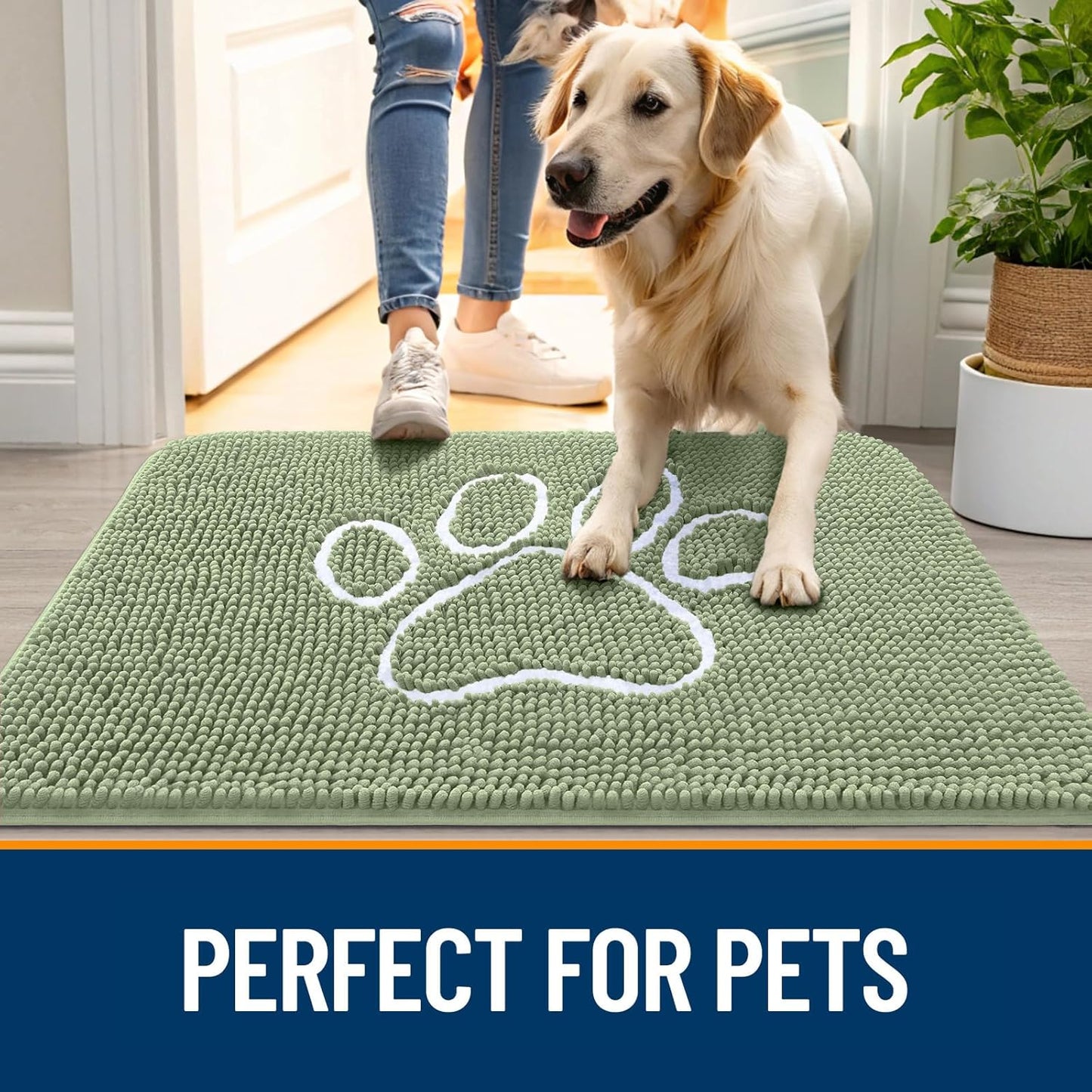 OLANLY Door Mat for Muddy Dog Paws 70x24, Ultra Absorbent Chenille Mud Doormat with Paw Print Design, Non-Slip Washable Doormat for Indoor Entryway, Quick-Dry Pet Bed Mats for Dirty Dogs, Sage Green