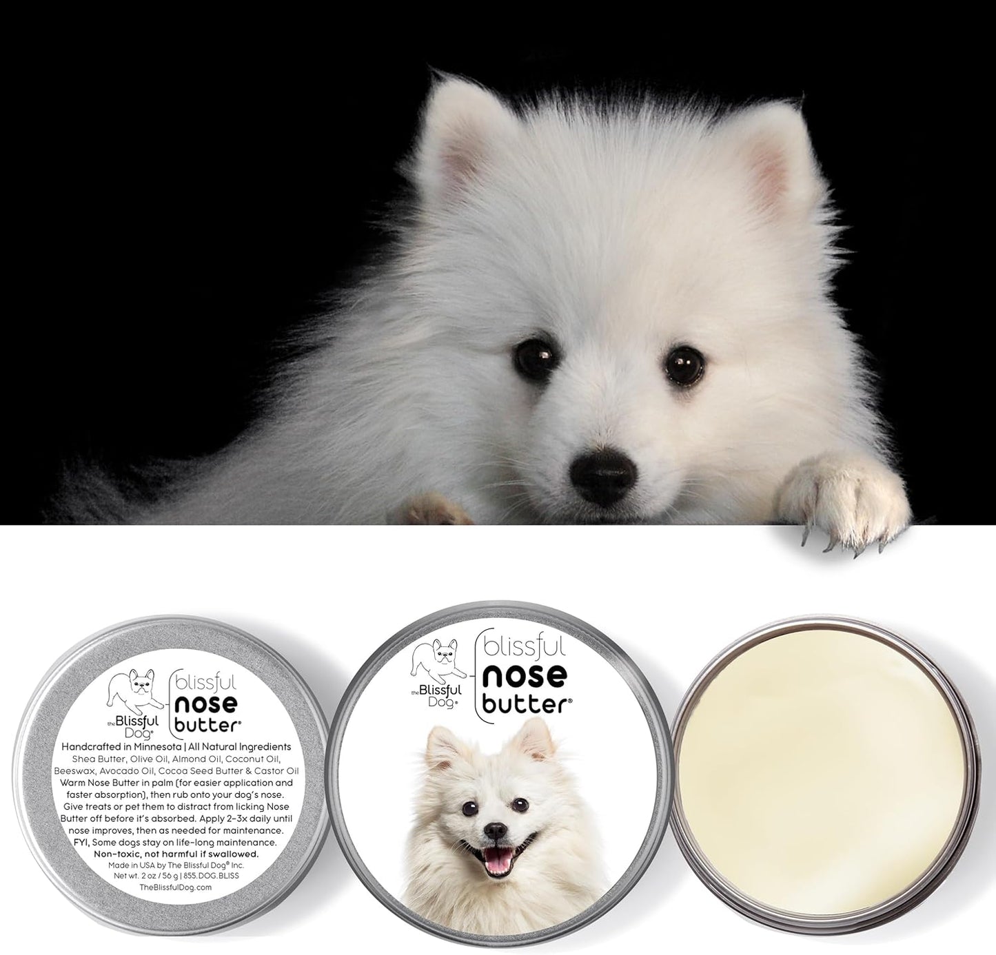 The Blissful Dog American Eskimo Nose Butter for Dry, Cracked Skin, Lick-Safe Dog Nose Balm with Moisturizing Shea Butter, Almond, Olive, and Essential Oils, Pet Supplies, Uncented, 1 oz.