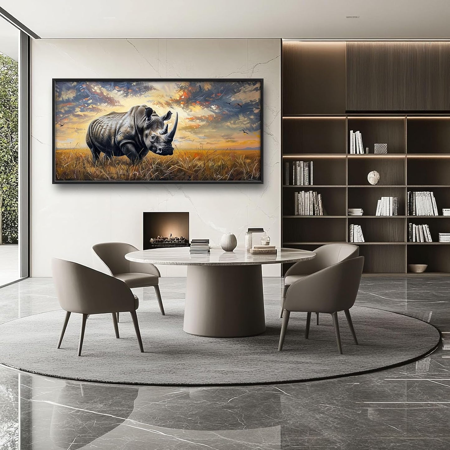 Rhino Large Wall Art Rustic Cool Wild Animal Rhinoceros Pictures Sunset Field Landscape Wall Decor Canvas Print Painting Artwork for Bathroom Living Room Bedroom 60L" x 30W"