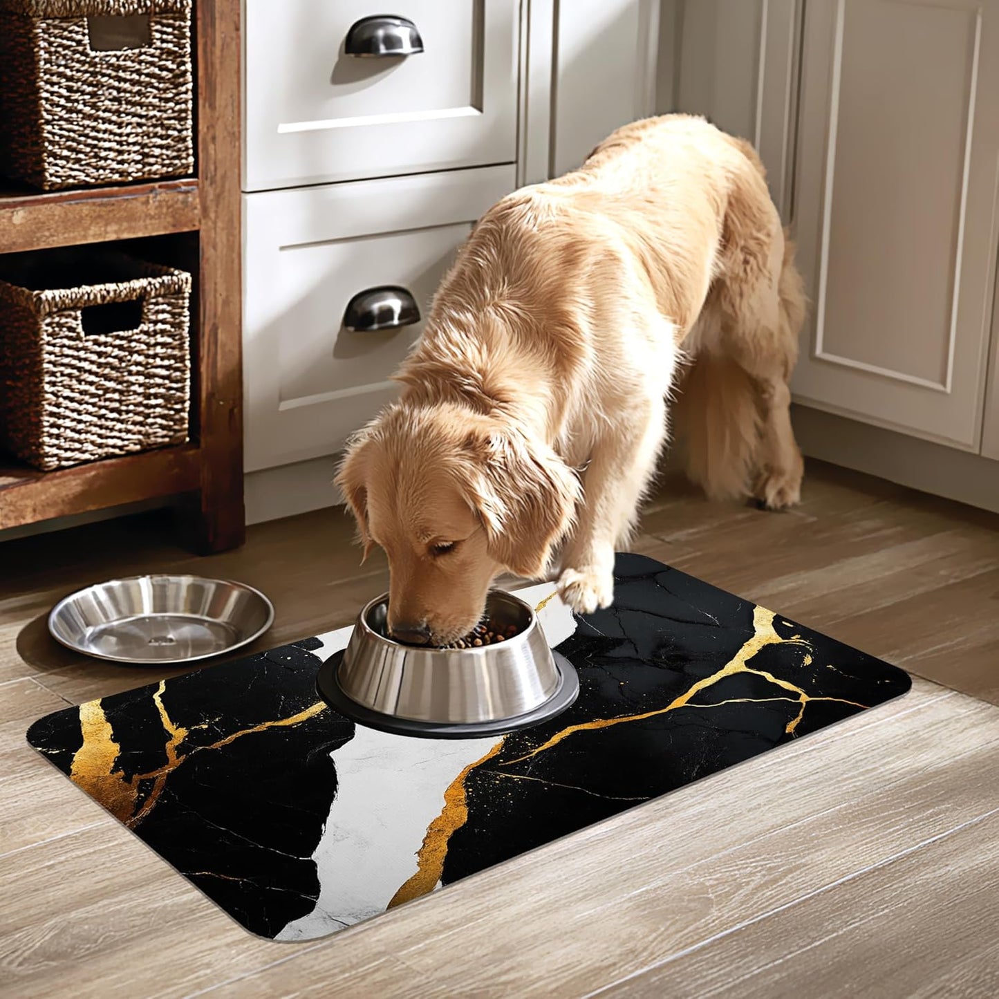 Black Gold Marble Dog Cat Food Mat-Absorbent Placemat for Food and Water Bowl, Waterproof Non Slip Rubber Backing Dog Food Mats for Floors, Pet Supplies 16 * 24 inch